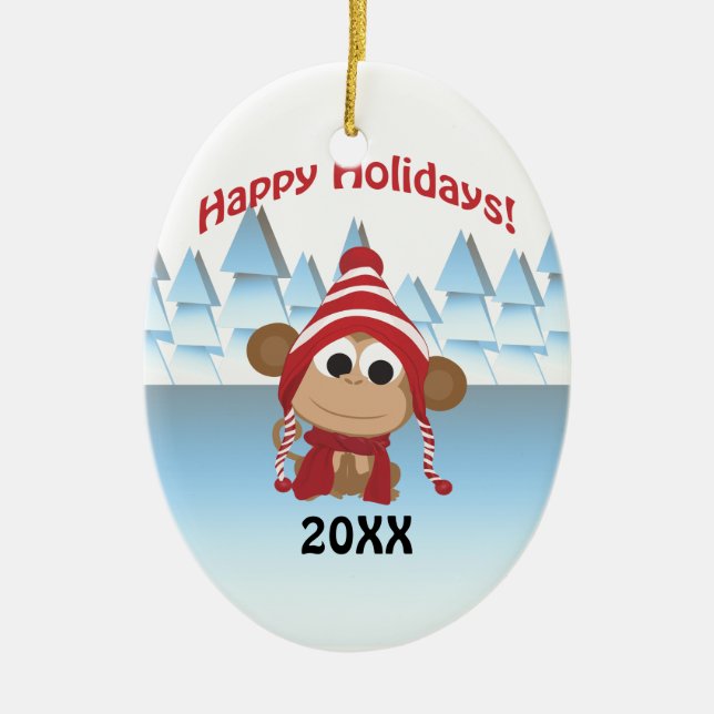 Happy Holidays! Winter Monkey Ceramic Tree Decoration (Front)
