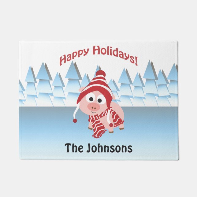 Happy Holidays Winter Pig Doormat (Front)
