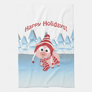 Happy Holidays! Winter Pig Tea Towel