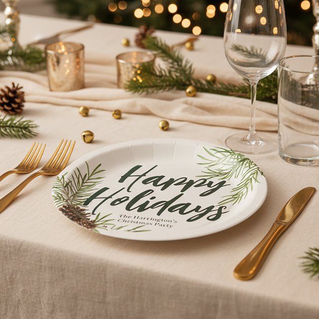 Happy Holidays Winter Pine Greenery Ivory  Paper Plate (Creator Uploaded)