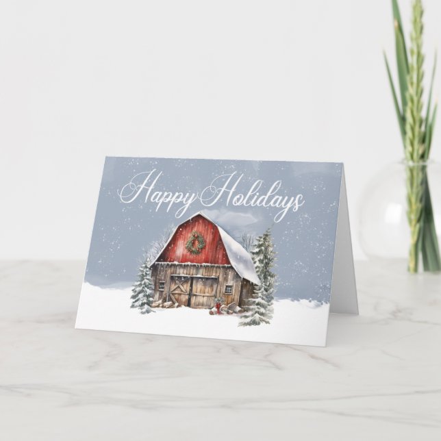 Happy Holidays Winter Snow Farm Barn Holiday Card (Front)