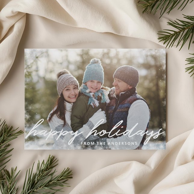 Happy Holidays Winter Snow Overlay Family Photo Holiday Card (Creator Uploaded)