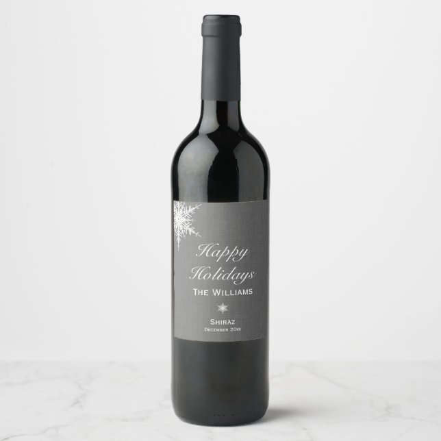 Happy Holidays Winter Snowflake Wine Label - Grey (Front)