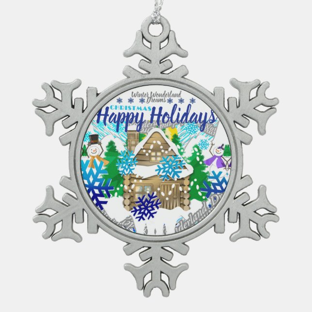 HAPPY HOLIDAYS | WINTER WONDERLAND | SNOWFLAKE PEWTER CHRISTMAS ORNAMENT (Front)