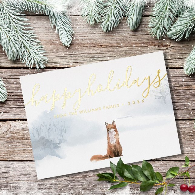 Happy Holidays Winter Woodland Scene Fox Gold Foil Holiday Card (Creator Uploaded)