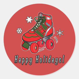 Happy Holidays with Christmas Roller Skate Classic Round Sticker