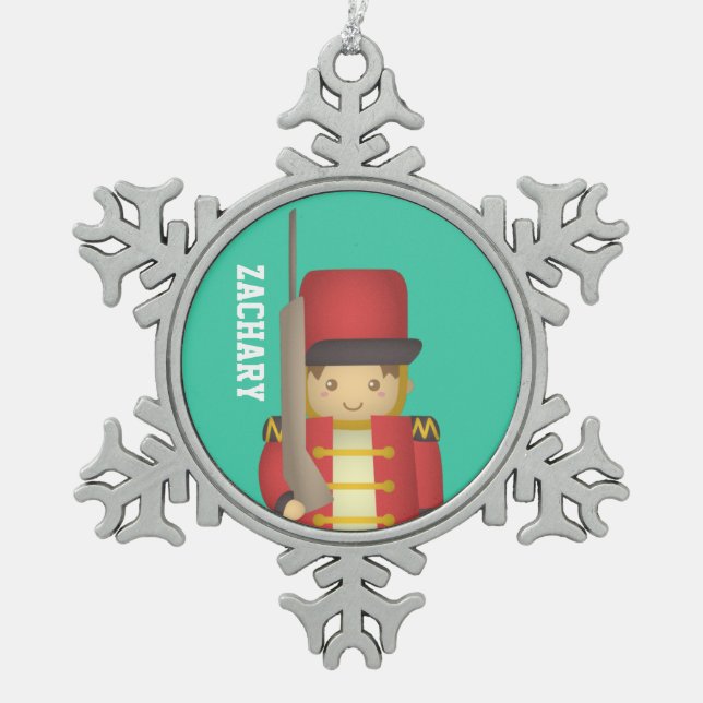 Happy Holidays with Christmas Toy Soldier Snowflake Pewter Christmas Ornament (Front)