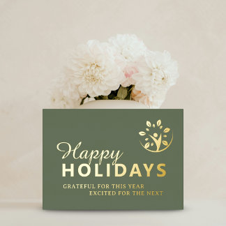 Happy holidays with logo business green gold foil holiday card
