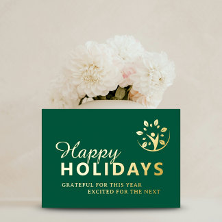 Happy holidays with logo business green gold foil holiday card