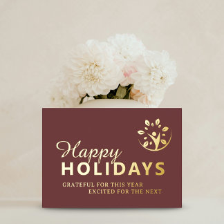 Happy holidays with logo business taupe gold foil holiday card
