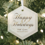 Happy Holidays With Love Add Name Gold and White Glass Tree Decoration<br><div class="desc">Happy Holidays With Love Add Name Black and Gold Look Elegant Happy Holiday Season Wishes, Glass Hexagon Ornament, </div>
