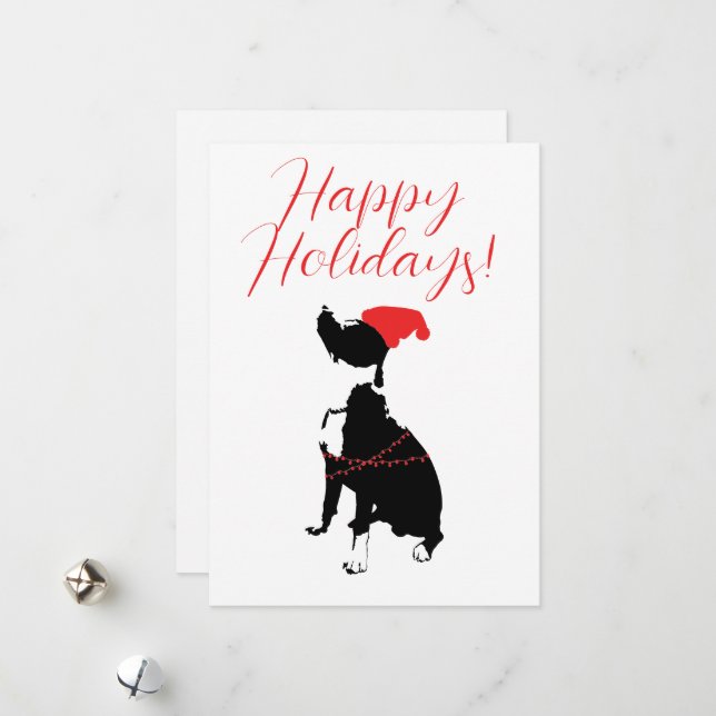 Happy Holidays with Pitbull, Santa hat, and lights Holiday Card (Front/Back In Situ)