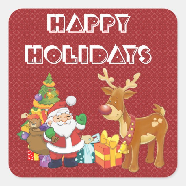 Happy Holidays with Santa and Reindeer Square Sticker (Front)