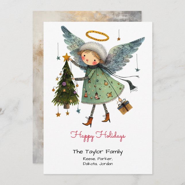 Happy Holidays with Whimsical Angel and Tree Holiday Card (Front/Back)
