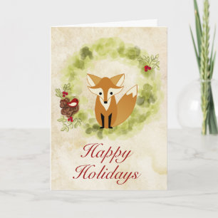 Happy Holidays Woodland Fox and Wreath Christmas Holiday Card