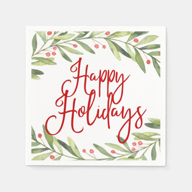 Happy Holidays Wreath Christmas Cocktail Party Napkin (Front)