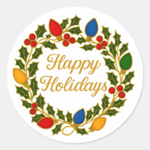Happy Holidays Wreath Christmas Lights and Holly Classic Round Sticker