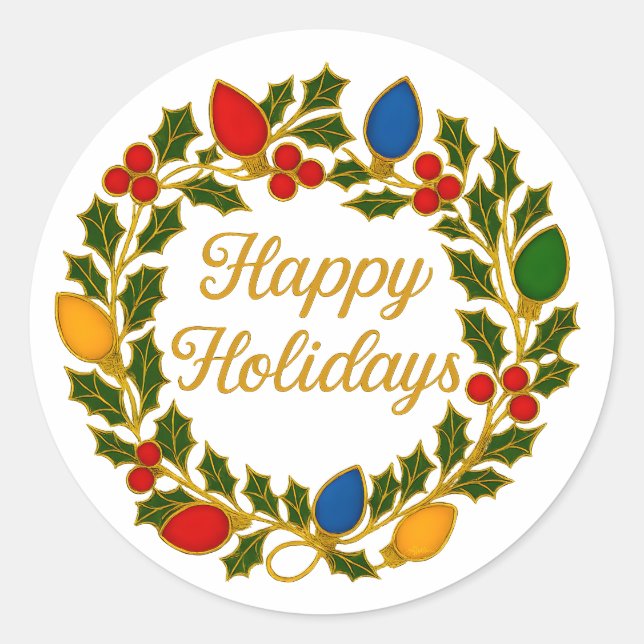Happy Holidays Wreath Christmas Lights and Holly Classic Round Sticker (Front)