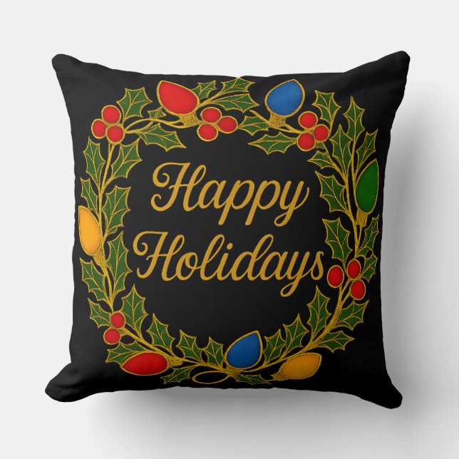Happy Holidays Wreath Christmas Lights and Holly Cushion (Front)