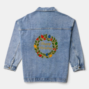 Happy Holidays Wreath Christmas Lights and Holly Denim Jacket