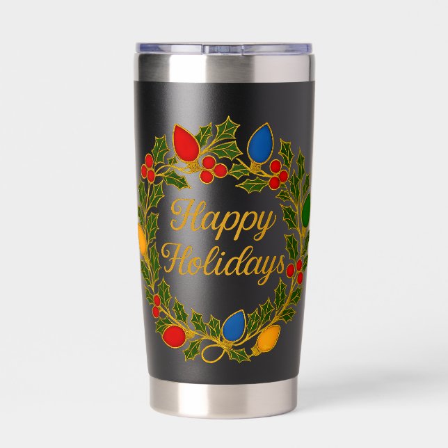 Happy Holidays Wreath Christmas Lights and Holly Insulated Tumbler (Back)