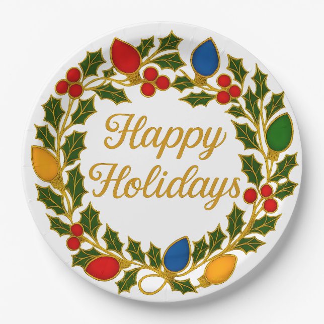Happy Holidays Wreath Christmas Lights and Holly Paper Plate (Front)