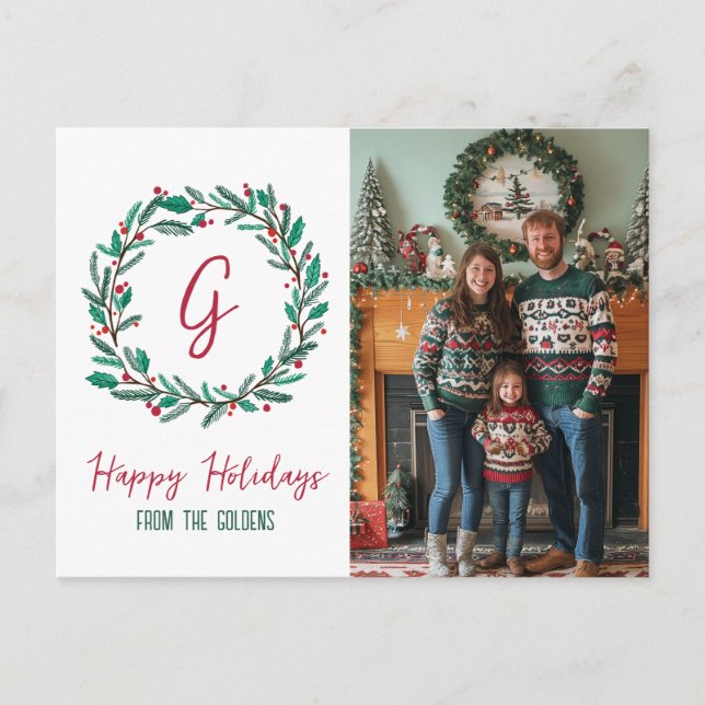 Happy Holidays Wreath CUSTOM PHOTO Christmas Holiday Postcard (Front)