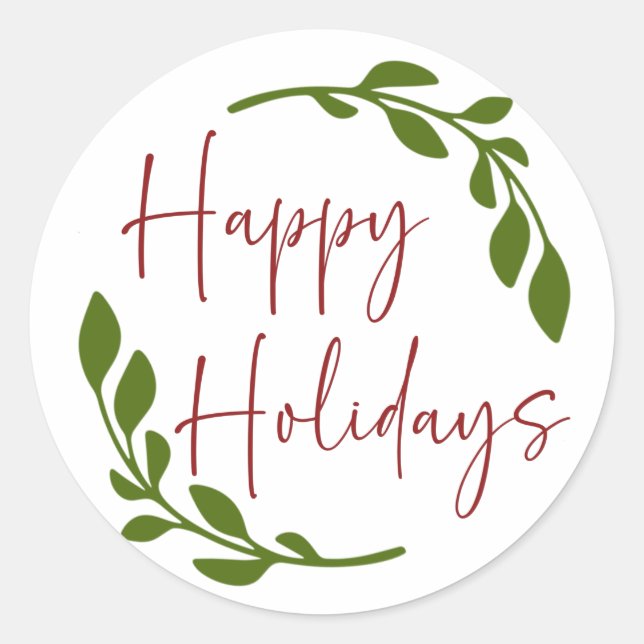 Happy Holidays Wreath Round Stickers (Front)