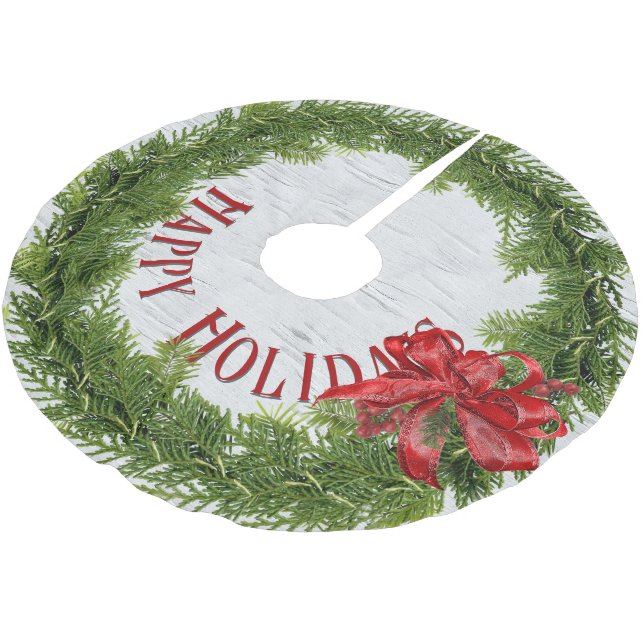Happy Holidays Wreath With Red Bow On Birch Brushed Polyester Tree Skirt (Angled)