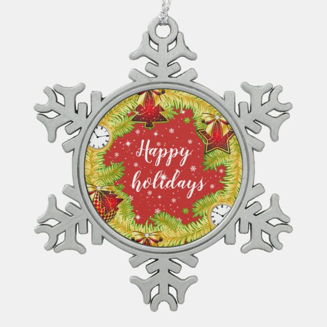 Happy Holidays Wreath with Snowflakes Snowflake Pewter Christmas Ornament (Front)