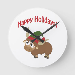 Happy Holidays! Yak Christmas Elf Round Clock