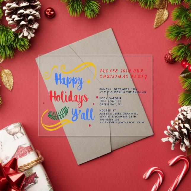 Happy Holidays Y'all, Funny Christmas Design Acrylic Invitations (Insitu (Holiday))