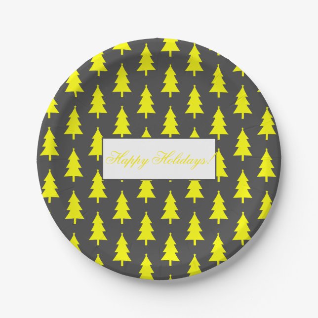 Happy Holidays Yellow Fir Tree Pattern Paper Plate (Front)