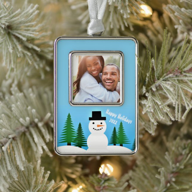 Happy Holidays Your Family Photo Keepsake Silver Plated Framed Ornament (Tree)