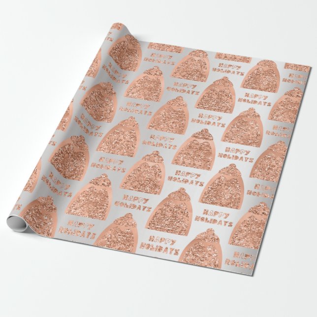 Happy HolidaysScript Pinguin Rose Gold Fancy Grey Wrapping Paper (Unrolled)