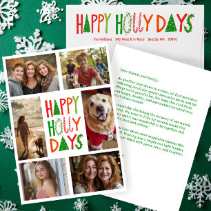 HAPPY HOLLY DAYS Hand-Drawn CUSTOM 6 PHOTO Xmas Holiday Card