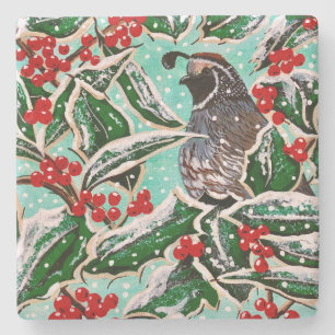 Happy Holly Quail Limestone Tile Stone Coaster