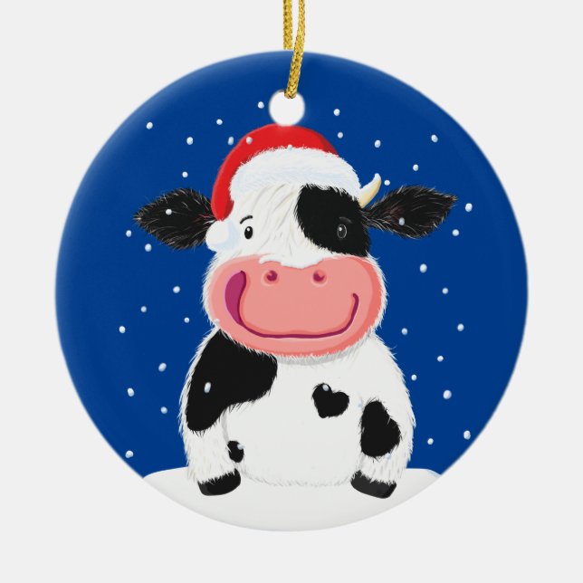 Happy Holstein Cow In The Christmas Snow Ceramic Ornament (Front)
