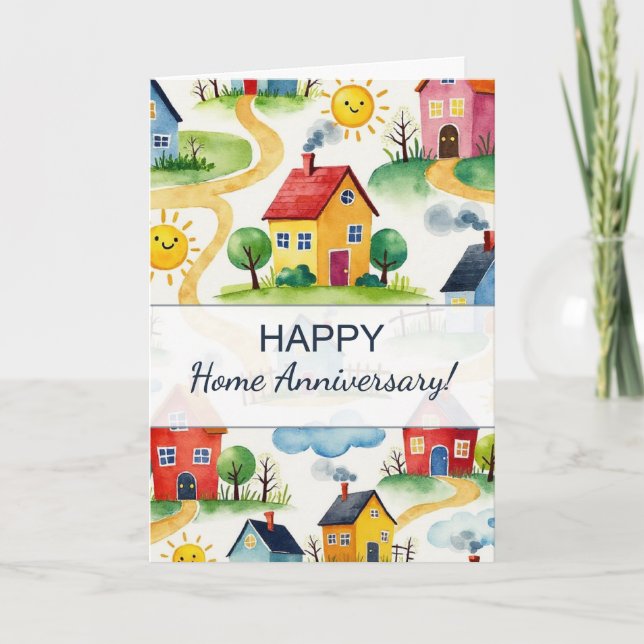 Happy Home Anniversary Cute Neighbourhood Pattern Card (Front)