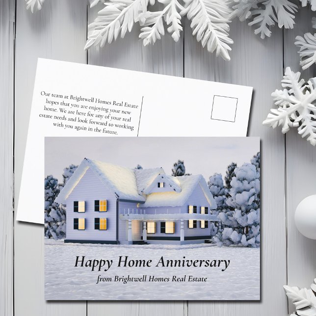 Happy Home Anniversary Winter Home Snow on Trees Postcard (Creator Uploaded)