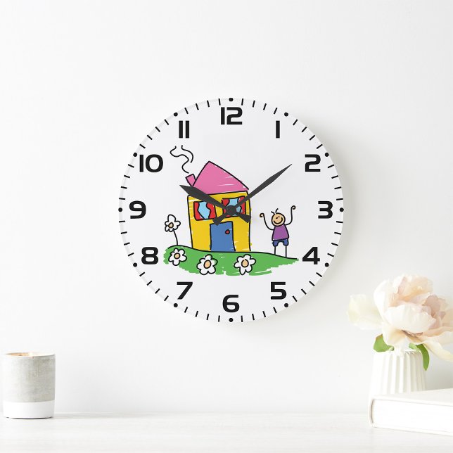 Happy Home Colourful House and Stick Figure  Large Clock (Creator Uploaded)