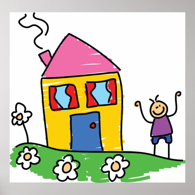 Happy Home Colourful House and Stick Figure  Poster (Front)