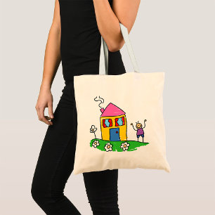 Happy Home Colourful House and Stick Figure  Tote Bag