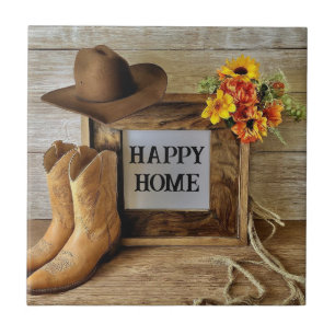 Happy Home Cowgirl Cowboy Style With Cowboy Boots Ceramic Tile