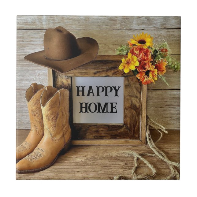 Happy Home Cowgirl Cowboy Style With Cowboy Boots  Ceramic Tile (Front)