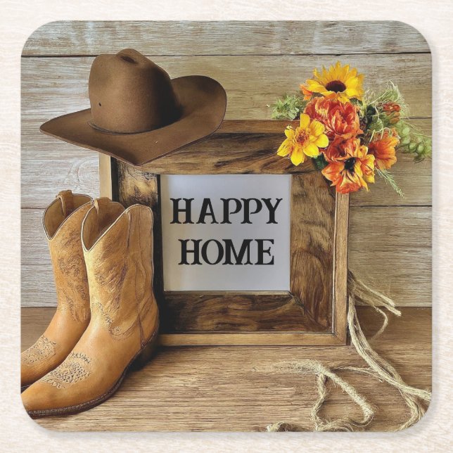 Happy Home Cowgirl Cowboy Style With Cowboy Boots  Square Paper Coaster (Front)