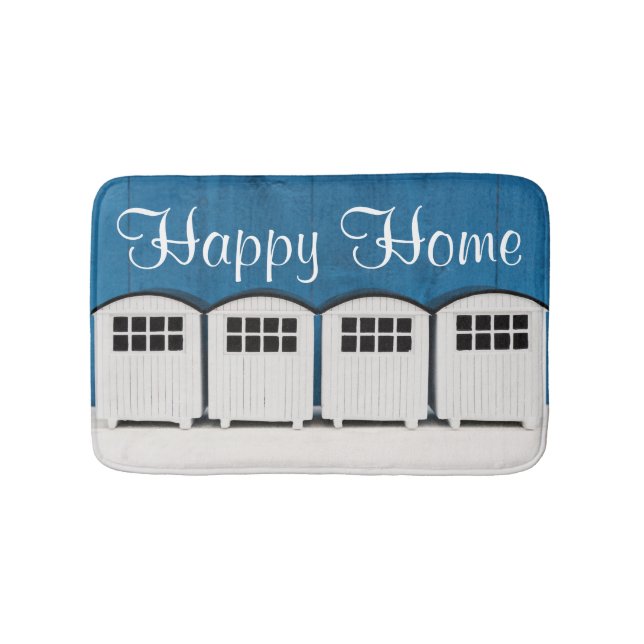 Happy Home Summer Beach cabins in blue and white Bath Mat (Front)