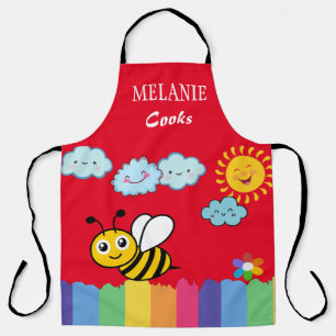 Happy honey-bee sun clouds red background pattern apron