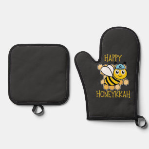 Happy Honeykkah Honey Bee Hanukkah Jewish Oven Mitt & Pot Holder Set