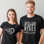 Happy Honeymoon Hubby Newlywed Couple Black T-Shirt<br><div class="desc">The newlywed t-shirt for hubby with the sign "Enjoy your happy rides with me" is a fun and playful way to express his enthusiasm for embarking on a journey of happiness with his partner. The white font on the black background captures the essence of companionship and shared experiences, symbolizing the...</div>